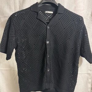 Zara Black Openwork Short-Sleeve Button-Up Cardigan